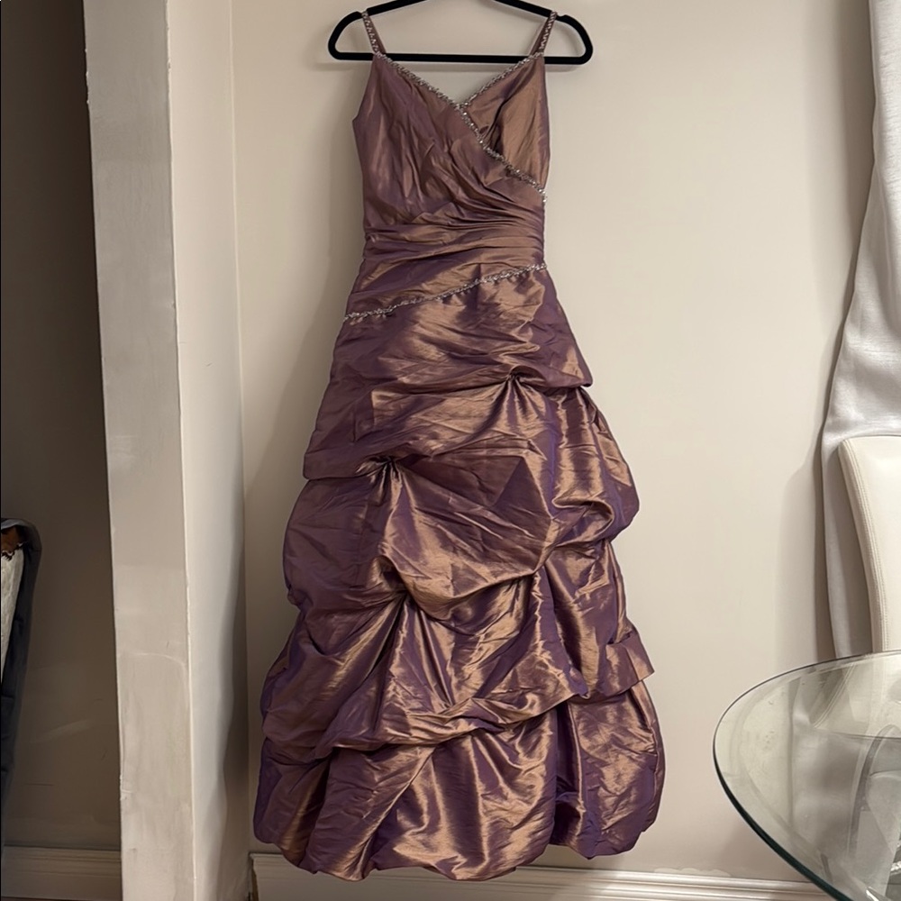 Purple Ruched Tiered Prom Gown